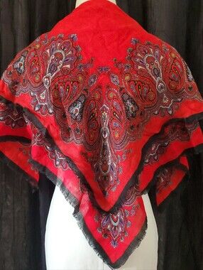 SPECIALTY HOUSE Woven Italian Scarf RED PAISLEY Raw Fringe LARGE 28" SQUARE